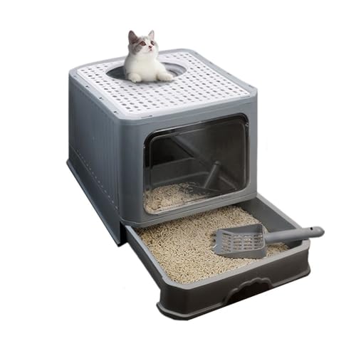 Katzentoilette, Faltbare, geschlossene Katzentoilette mit Deckel, Einstieg von Oben, Spritzschutz und leicht zu reinigen Katzentoilette(Gray) von UANFHWZF