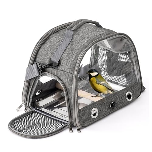 Collapsible Bird Travel Carrier with Standing Perch and Stainless Steel Tray, Breathable Parrot Parakeet Small Animals Hiking Camping Travel Bag (Grey) von UATARU
