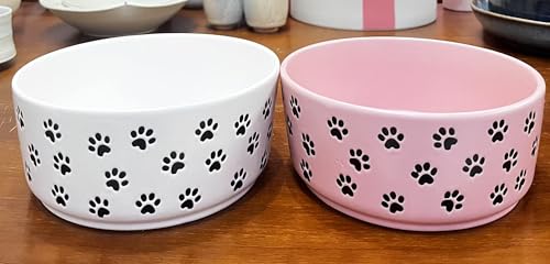 UBEE 16,5 cm Hundenäpfe 2er Set, Keramik Hundefutter Wassernapf Geschirr mit Pfotenmuster, Haustierfutter Wassernapf Fütterung für kleine und Meidum Hunde und große Katze, Rosa von UBEE
