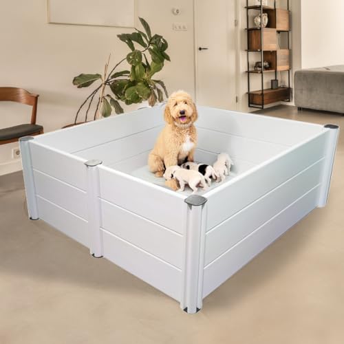 Welpenkiste für Hunde mit Urinierunterlage (121,9 x 121,9 x 45,7 cm) – verstellbare Höhe, glatte Öffnung, Vordertürverkleidung, geräumige Hundegeburtsbox – einfach aufzubauen von UC BARKLEY