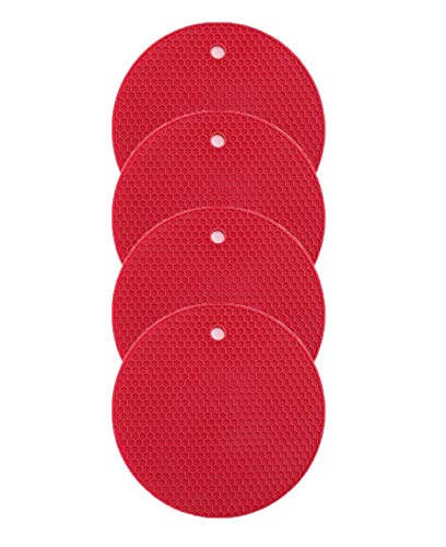 4 Stücke dicke Runde Silikon Unterlagen UCARE Silikon Waben Tischset mit Wiederverwendbaren Runden Tischhaken Tischplattenmatten Arbeitsplattenschutz (Rot) von UCARE