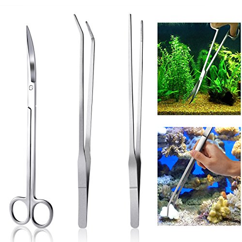 UEETEK 3 Stück / Set Edelstahl Aquarium Fisch Tank Kit,Pinzette Schere Werkzeuge Set Fisch Starter Kits für Pruning Reinigung Wasserpflanze Grass Etc,Durchschnittliche Länge 26CM von UEETEK