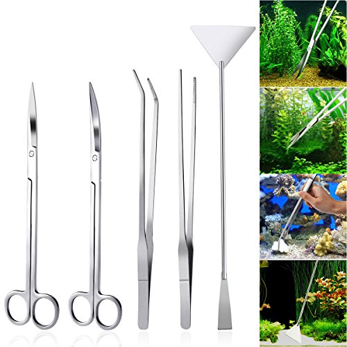 UEETEK 5 in 1 Edelstahl Aquarium Aquascaping Kit Aquarium Tank Aquatic Pflanze Werkzeuge Sets Pinzette Scissor Spatel von UEETEK