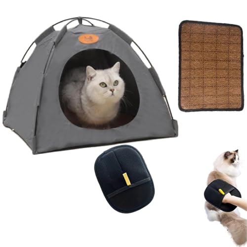 Cat Cooling Tent with Rattan Mat,Portable Pet Tent,Removable and Washable,Katzen kühlzelt,kühlzelt Katze (Grey, M) von UERSUR