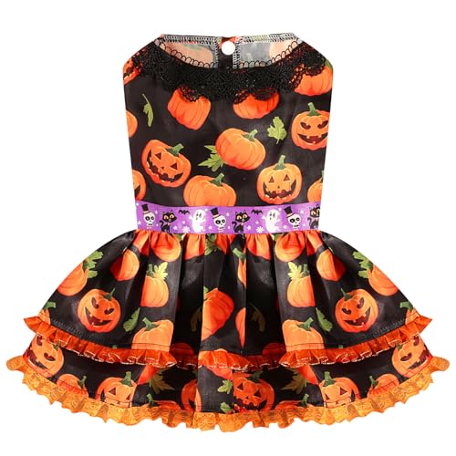 UETZLTB Halloween-Hundekleid, niedliches Kürbis-Hunde-Halloween-Kostüm für kleine Hunde, Mädchen, ausgefallenes ärmelloses Rüschen-Welpenkleid für Katzen, Haustier-Kostüm, Kleidung, Chihuahua von UETZLTB