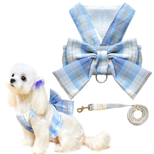UETZLTB Niedliches Hundegeschirr und Leine, Set mit Fliege, weiches Netzgewebe, kariert, für Mädchen, Welpen, kein Ziehen, für kleine Hunde, Chihuahua, Kaninchen-Outfit (Blau, M) von UETZLTB