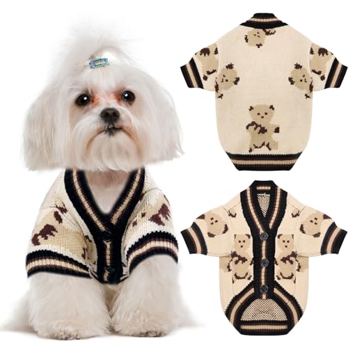 UETZLTB Süßer Hundepullover, weich, warm, für Herbst und Winter, V-Ausschnitt, gestrickt, Welpenkleidung, lustiger Bär, bedruckt, Hunde-Sweatshirts mit Ärmeln, beige Haustierkleidung, Hunde-Cardigan UETZLTB Süßer Hundepullover, weich, warm, für Herbst und Winter, V-Ausschnitt, gestrickt, Welpenkleidung, lustiger Bär, bedruckt, Hunde-Sweatshirts mit Ärmeln, beige Haustierkleidung, Hunde-Cardigan von UETZLTB