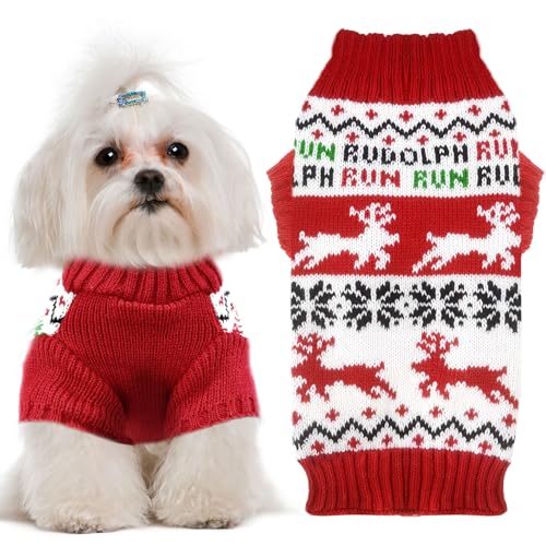 UETZLTB Weihnachtspullover für Hunde, weich, warm, Herbst, Winter, Rollkragen, gestrickt, Welpenkleidung, niedliches Rentier, Hunde-Sweatshirt, Weste, hässlich, rot, kurze Ärmel, Kleidung für kleine, von UETZLTB