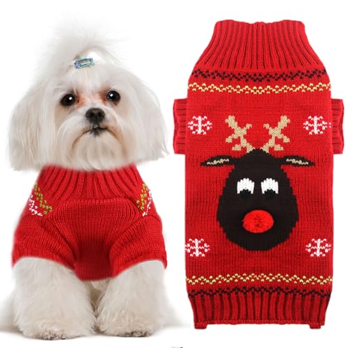 UETZLTB Weihnachtspullover für Hunde, weich, warm, Herbst, Winter, Rollkragen, gestrickt, Welpenkleidung, niedliches Rentier, rot, Hunde-Sweatshirts, hässliche Weihnachten, kurze Ärmel, von UETZLTB