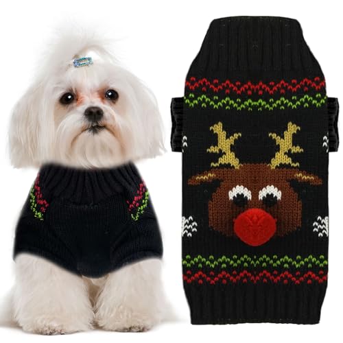 UETZLTB Weihnachtspullover für Hunde, weich, warm, Herbst, Winter, Rollkragen, gestrickt, Welpenkleidung, niedliches Rentier, schwarz, Haustier-Sweatshirts, hässliche Weihnachten, kurze Ärmel, von UETZLTB