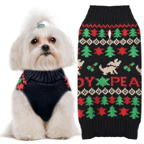 UETZLTB Weihnachtspullover für Hunde, weich, warm, Rollkragen, gestrickt, Welpenkleidung, niedlicher Weihnachtsbaum, Hundepullover, Weste mit Loch für die Leine, hässlich, schwarz, Haustierkleidung von UETZLTB