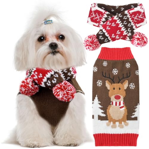 UETZLTB Weihnachtspullover und Schal für Hunde, weich, warm, Herbst, Winter, Rollkragen, gestrickt, Welpenkleidung, niedliches Rentier, Hunde-Sweatshirts, Weste, hässlicher Weihnachtsschal, von UETZLTB
