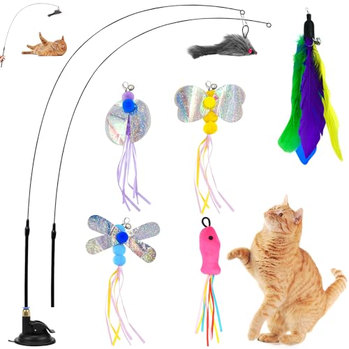 Interaktives Katzenspielzeug Intelligenz Katzen Spielzeug Interaktiv Katzenangel Stabil Cat Toys mit Federn und Saugnapf Simucatstick Kätzchen Zauberstab Schmetterling für Große Kleine Katzen (Stil 2) von UGBO