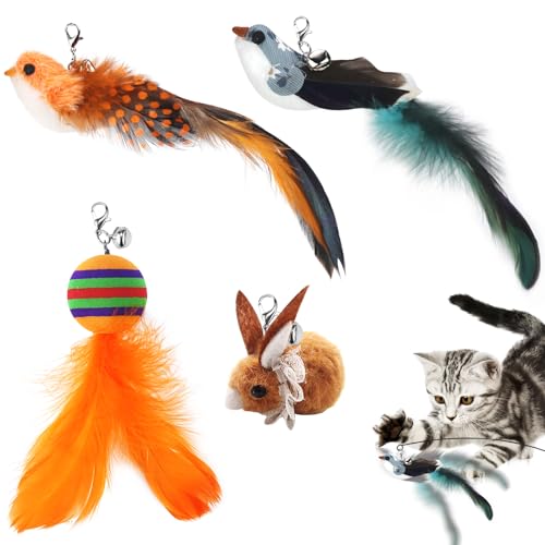 Interaktives Katzenspielzeug Vogel mit Federn Katzenangel Ersatzfedern 4 Stück Katzen Spielzeug Interaktiv Ersatz mit Glöckchen und Feder Interactive Cat Toys Federspielzeug für Kleine Große Katzen von UGBO