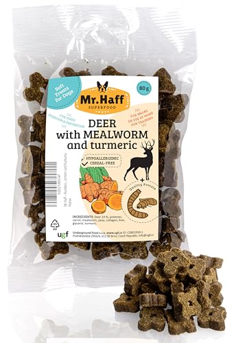 Mr Haff Hunde Leckerlis mit Hirschfleisch, Mehlwürmer und Kurkuma, 80 g, Getreidefrei, Hypoallergen, Diätetisch, Trainingsleckerli für Hunde, Hundeleckerli, Kauartikel von UGF Underground Food