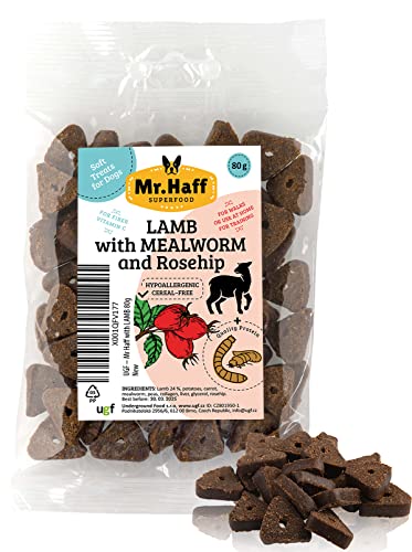 Mr Haff - Hunde Leckerlis mit Lammfleisch, Mehlwürmer und Hagebutte, 80 Gramm, Getreidefrei, Hypoallergen, Diätetisch, Trainingsleckerli für Hunde, Hundeleckerli, Kauartikel für Hunde Mr Haff - Hunde Leckerlis mit Lammfleisch, Mehlwürmer und Hagebutte, 80 Gramm, Getreidefrei, Hypoallergen, Diätetisch, Trainingsleckerli für Hunde, Hundeleckerli, Kauartikel für Hunde von UGF Underground Food