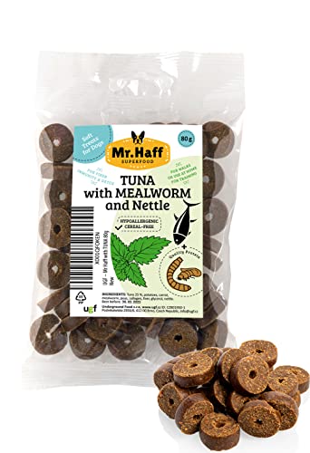 Mr Haff - Hunde Leckerlis mit Thunfisch, Mehlwürmer und Brennessel, 80 Gramm, Getreidefrei, Hypoallergen, Diätetisch, Trainingsleckerli für Hunde, Hundeleckerli, Kauartikel von UGF Underground Food