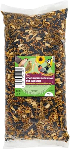 UGF Vogelfutter Wildvögel Ganzjährig 800g, Wildvögelfutter mit Sonnenblumenkerne, Soldatenfliegenlarven und Pellets mit Mehlwürmer, Zutaten für die Ganzjährige Fütterung von UGF Underground Food