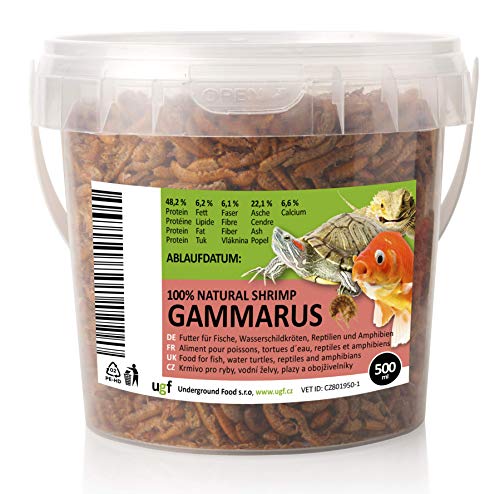 UGF - Premium Gammarus Bachflohkrebse Getrocknet, 500 Milliliter ≈ 50g Eimer, Schildkrötenfutter, Fischfutter Aquarium, Axolotl Futter, Hamsterfutter, Igelfutter, Koi Futter, Rattenfutter von UGF Underground Food