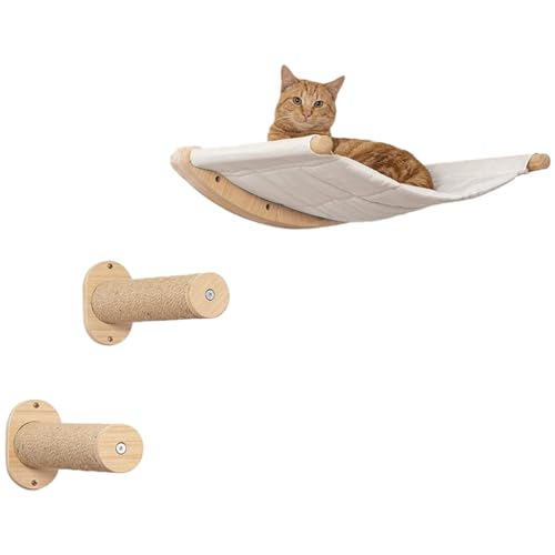 UINOFER Kletterwand Katzen, Wandmontage Katzenhängematte mit Katzenleiter, Katzenbett zum Klettern aus Natur-Holz (Hängematten-Set) von UINOFER