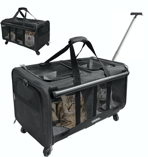 UIRREL Rollende Katzentragetasche mit zwei Fächern, große Kapazität, weiche Seitenträger für Katzen und Welpen, abnehmbare Reisetrage mit atmungsaktiven Netzfenstern (schwarz) von UIRREL