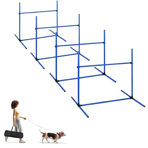 UISEBRT Hunde Agility Set, 4er Slalom Stangen Hürdenset für Haustiere, PVC Hundetrainings-Set mit Tragetasche, Höheinstellbar 104x70x101cm, Blau von UISEBRT