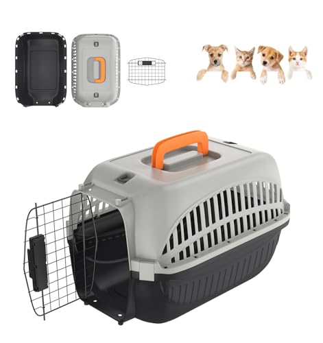 UISEBRT Katzentransportbox, Tiertransportbox für Kleine Haustiere/Katzen/Hunde/Kaninchen bis 10 kg, Transportbox Katze mit Metalltür Vorne Transportbox Hund, Schwarz + Grau von UISEBRT