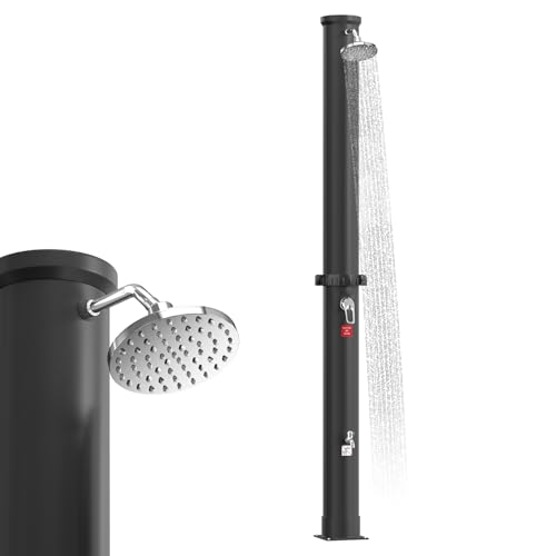 UISEBRT Solardusche 40 Liter, Solar Gartendusche 216 cm Hoch, Regenduschkopf Schwenkbar, max. 60°C, Aussendusche mit Wasserhahn & Anschlussset für Pool, Garten und Camping (Schwarz) von UISEBRT