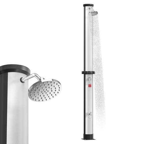 UISEBRT Solardusche 40 Liter, Solar Gartendusche 216 cm Hoch, Regenduschkopf Schwenkbar, max. 60°C, Aussendusche mit Wasserhahn & Anschlussset für Pool, Garten und Camping (Silber-Schwarz) von UISEBRT