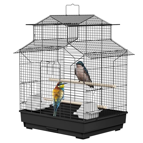 UISEBRT Vogelkäfig mit Holzstangen und Futternäpfe - Großer Vogelhaus Vogelvoliere Metall Vogelbauer Käfig Vogel für Finken Kanarienvögel Wellensittiche Schwarz (Typ C, 46x36x62cm) von UISEBRT
