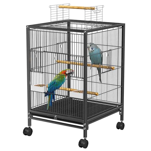UISEBRT Vogelkäfig mit Rollen, Holzstangen und Futternäpfe - Großer Vogelhaus Vogelvoliere Metall Vogelbauer Käfig Vogel für Finken Kanarienvögel Wellensittiche Schwarz (Typ E, 46x46x91cm) von UISEBRT