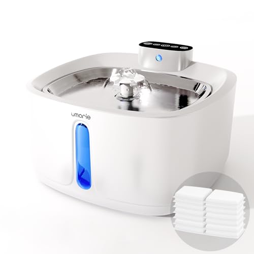 Umarie Katzenbrunnen Kabellos mit Bewegungsmelder- 7 Filter + 3 Schaumstofffilter - 3,2L Leiser Trinkbrunnen für Katze & Hunde (25dB), 4000mAh Akku, Edelstahl Trinktablett von UMARIE