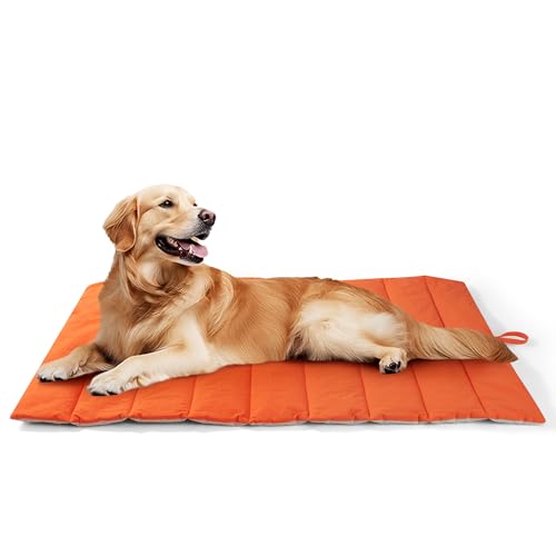 UNIKOME Hundedecke für Unterwegs 110 x 68 cm, rutschfeste Antistatische und Langlebige Hundematte, Waschbar Hundekissen Grosse Hunde, Reisebett Hund für Reise Camping Outdoor,(Orange+Grau) von UNIKOME