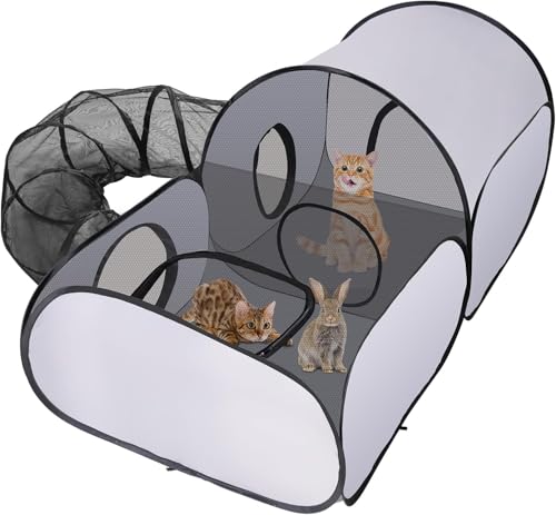 Katzenlaufstall mit Tunnel & Wurfkisten-Modul ｜ Faltbarer & Waschbar 51L x 100B x 70H cm｜ Multifunktionale Tragbares Haustierzelt mit atmungsaktivem Netz für Kleintiere im Innen- und Außenbereich von UNKCEST