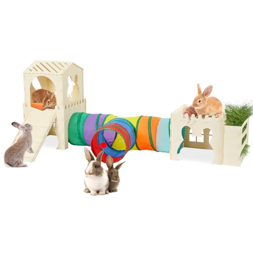 Extra großes Kaninchenversteck aus Holz Hasenschloss mit Tunnel und Treppe, Hasenhaus-Turm mit Heufutterstation, stabiler Lebensraum für Meerschweinchen, Chinchilla, Frettchen, Hamster von UNMOONY