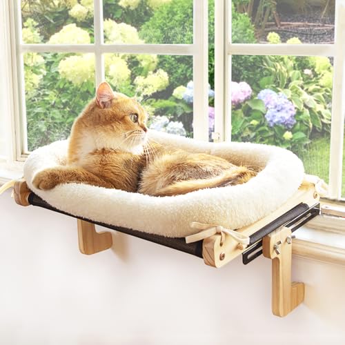 UNQBWE Hängematte mit Katzenfenster, Katzensitz mit Kissenbezug, Holz- und Metallrahmen, Katzenhängematte für Fenster, einfach einzustellen und zu montieren, für mittlere und kleine Katzen von UNQBWE
