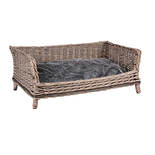 UNUS Hundebett aus Weide, eckiges Hundesofa, 80 cm breit, mit grauem Polyesterkissen, ideal für mittelgroße bis große Hunde von UNUS