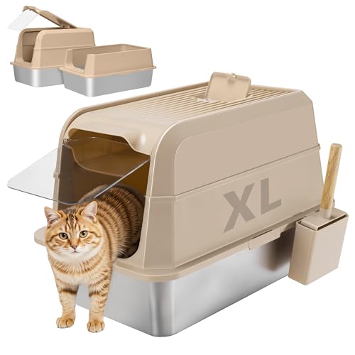 Extra große Katzentoilette aus Edelstahl mit Deckel, abnehmbares hochseitiges Gehege für große Katzen, auslaufsicher, antihaftbeschichtet, leicht zu reinigen mit mitgelieferter Schaufel (Khaki) von UNZIPE