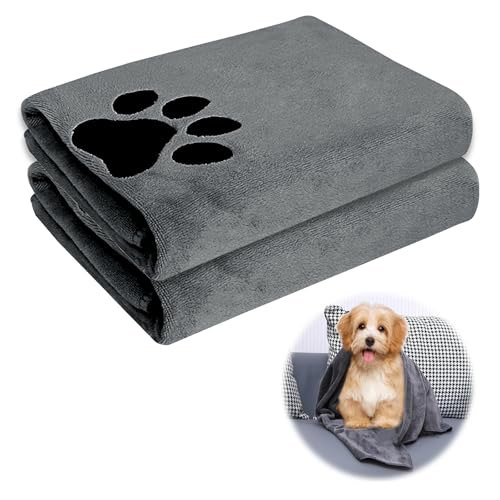 UOCAI 2 Stück Hundehandtuch Extra Saugfähig, Hundehandtücher Hundezubehör Hund Halstuch Mikrofaser Handtücher Schnelltrocknend Handtuch für Katzen, Hunde Oder Andere Haustiere 75 X 35 cm Grau von UOCAI