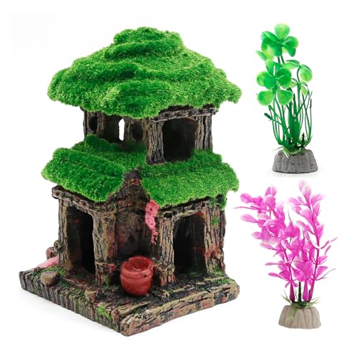 UOIENRT Fischhaus für Aquarium, Fischversteck Fischtankhaus, Aquarium-Dekorationen mit 2 Stück 10,2 cm künstlichen Aquariumpflanzen UOIENRT Fischhaus für Aquarium, Fischversteck Fischtankhaus, Aquarium-Dekorationen mit 2 Stück 10,2 cm künstlichen Aquariumpflanzen von UOIENRT
