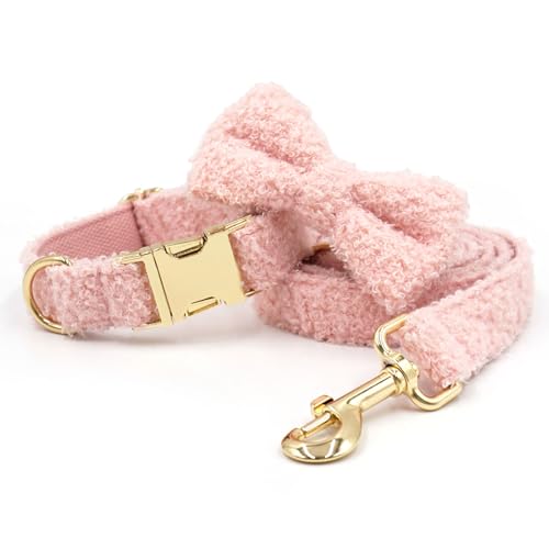 Rosa Hundehalsband und Leine Set mit Fliege und Metallschnalle, niedlich, einzigartig, Plüsch, für Haustiere von UOSIA