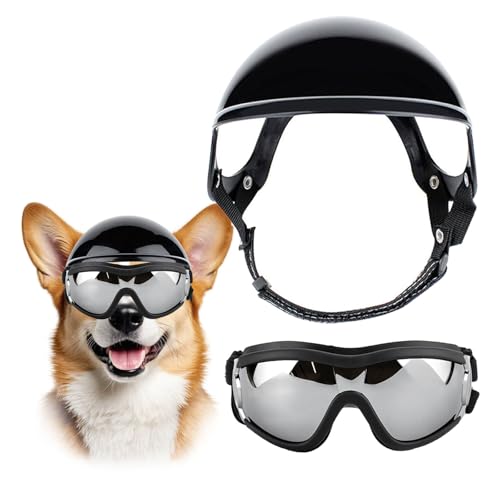UOSIA 2-Pcs Hundebrille Und Haustier Helm Set Mit Verstellbarem Riemen, Hund Sonnenbrille Schneebrille Für Mittlere Große Rasse, Winddicht Wasserdicht Staubdicht von UOSIA