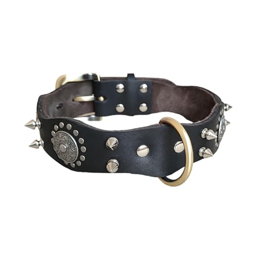UOSIA Breites Echtleder Spiked Hundehalsband Für Große Mittlere Hunde Mit Verstellbarem, Gepolstertem Nackenschutz Mit Metallschnalle von UOSIA