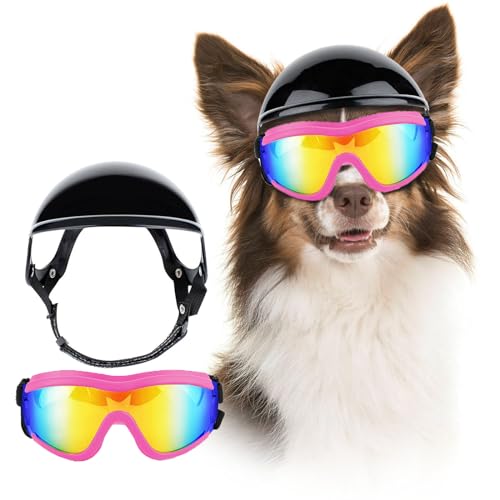 UOSIA Große Hundehelm Und Haustier Brillen Set Verstellbare Haustier Motorrad Helm Cap Winddichte Schneefaste Brillen Für Hundereiten von UOSIA