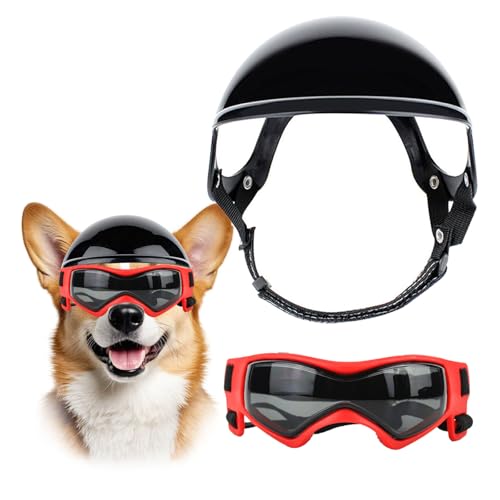 UOSIA Helm- und Brillenset für mittelgroße Hunde, verstellbar, cool, für Motorrad, mit Ohrlöchern und weichem Futter, zum Reiten und Radfahren von UOSIA