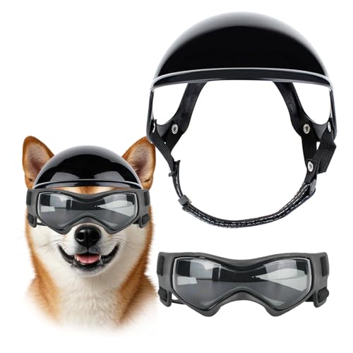 UOSIA Helm- und Brillenset für mittelgroße Hunde, verstellbar, cool, für Motorrad, mit Ohrlöchern und weichem Futter, zum Reiten und Radfahren von UOSIA