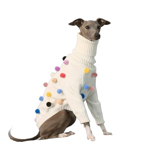UOSIA Rollkragenpullover aus Strick mit grauem Windhundmotiv und farbigen Pompons Weißer, Warmer Pullover für zweibeinige Whippets Gemütlicher Winterpullover für mittelgroße Hunde UOSIA Rollkragenpullover aus Strick mit grauem Windhundmotiv und farbigen Pompons Weißer, Warmer Pullover für zweibeinige Whippets Gemütlicher Winterpullover für mittelgroße Hunde von UOSIA