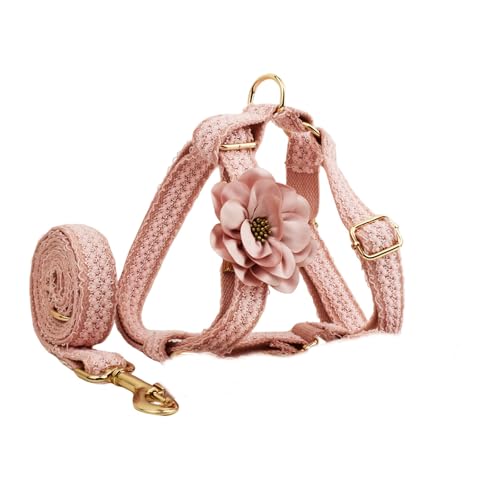 UOSIA Rosa Hundegeschirr und Leine im Set Rosa Spitzen-Hundegeschirr mit Metallschnalle, verstellbar, ohne Zugkraft, Hochzeitsgeschirr mit Blumenmuster für kleine und mittelgroße Hunde von UOSIA