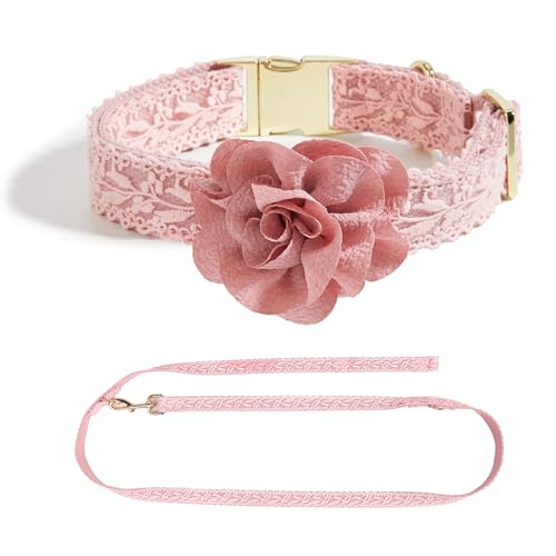 UOSIA Rosa Hundehalsband und Leine Set Verstellbares, bequemes Hochzeits-Halsband für Haustiere mit Metallschnalle Bestickte Hundehalsbänder für mittelgroße bis große Hunde von UOSIA