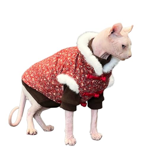 UOSIA Rote Sphynx Katze Warme Weste Mit Pelzigem Kragen Niedliche Blumen Haarlose Katze Winterkleidung Mit Cheongsam Knöpfe Mode Schildkrötenhalsmantel Für Katzen Welpen von UOSIA